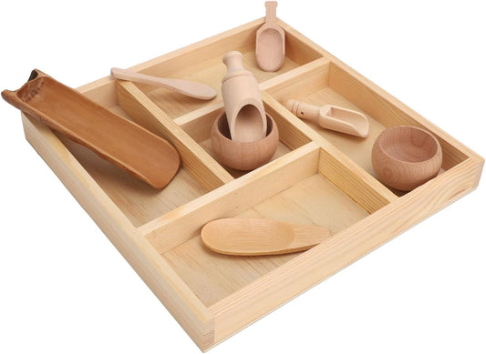 ZJchao Montessori Sensory Bin Tools, Wooden Toy Set with Bowls and Scoops for Fine Motor Skills Development, Sensory Play and Learning for Toddlers