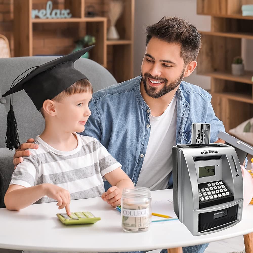Electronic Piggy Bank with Password for Kids for 6-12 Year Old Boys and Girls - Toy Counting Money Bank - Fun Birthday Present - ATM Piggy Bank for Real Money (Black/Silver)