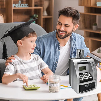 Electronic Piggy Bank with Password for Kids for 6-12 Year Old Boys and Girls - Toy Counting Money Bank - Fun Birthday Present - ATM Piggy Bank for Real Money (Black/Silver)