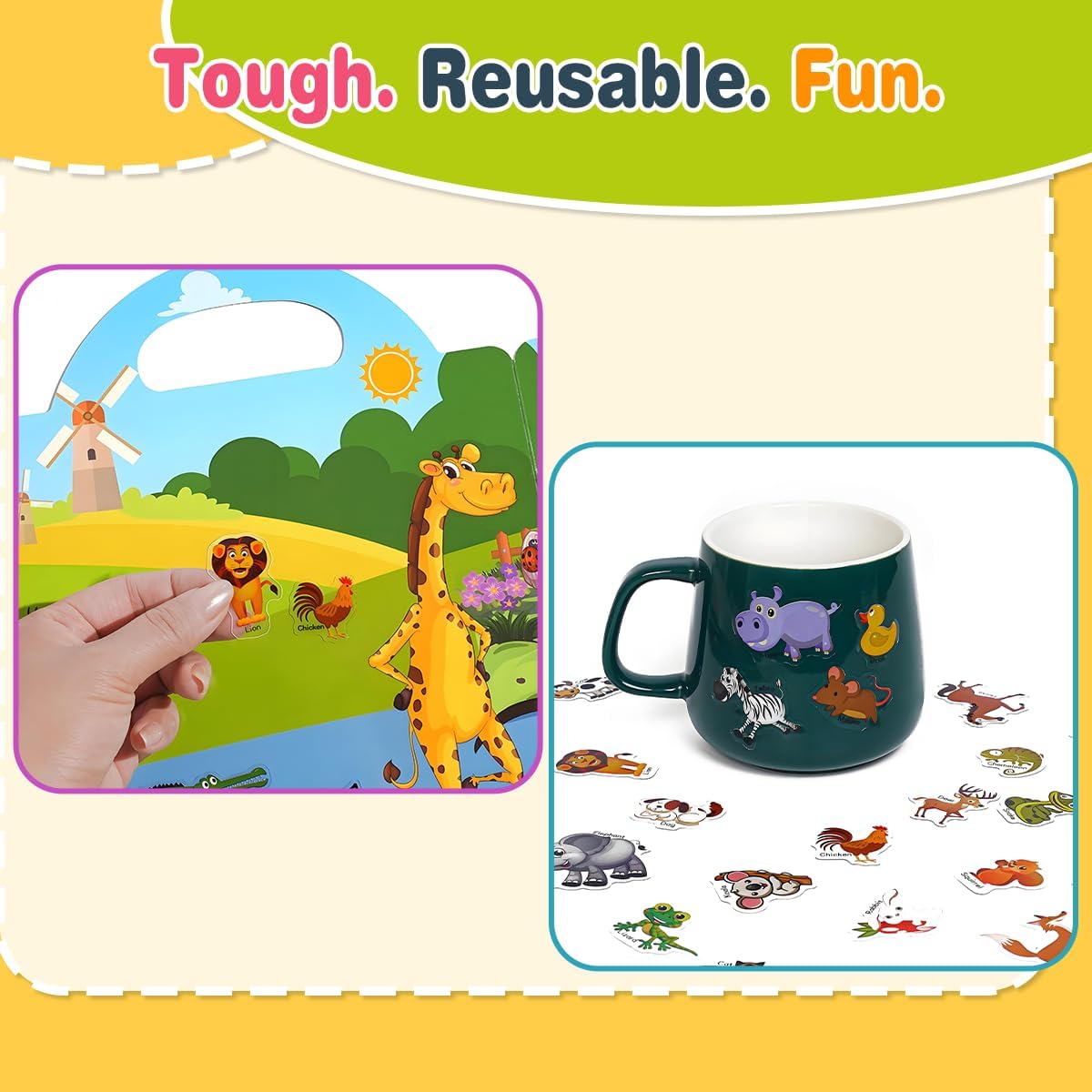 FUNCLASS 4 Pack Reusable Sticker Books for Toddlers 3,Toddler Sticker Books for Travel,Quiet Sticker Books for Kids,Kids Jelly Sticker Books with Animal,Dinosaur,Vehicles,Farm,Toddler Birthday Gifts