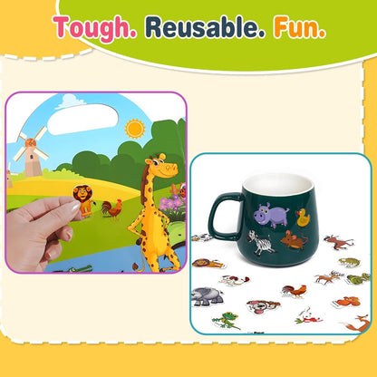 FUNCLASS 4 Pack Reusable Sticker Books for Toddlers 3,Toddler Sticker Books for Travel,Quiet Sticker Books for Kids,Kids Jelly Sticker Books with Animal,Dinosaur,Vehicles,Farm,Toddler Birthday Gifts