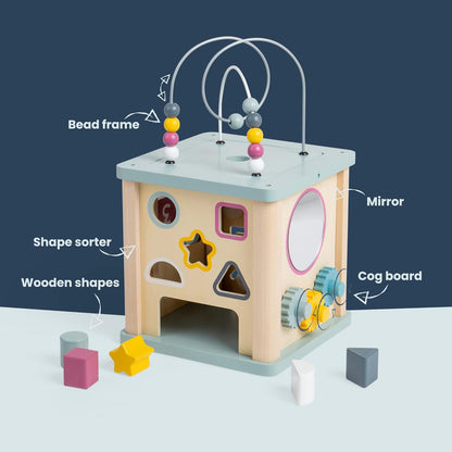 Bigjigs Toys Wooden Activity Cube - 100% FSC® Certified Busy Centre with Shape Sorter & Bead Maze, Sustainable Sensory Toys for 1 Year Old, 22cm W x 23cm H