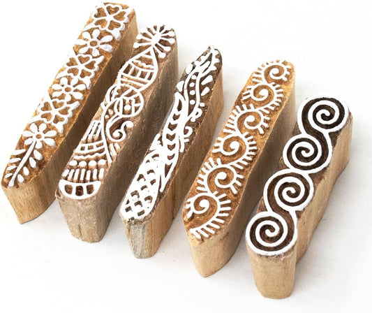 Border Pattern Wooden Stamps - Wooden Stamps for Block Printing on Saree Border, Textile, Clay, Pottery, Tattoo (Set of 5) HASHCART®