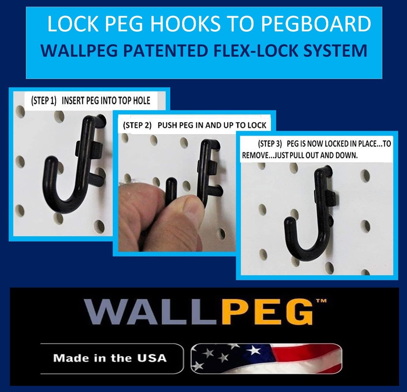 WALLPEG Pegboard Garage Organizer Kit – 48” Wide Wall Mounted Peg Board Panels with 36 Locking Hooks – Tool & Garage Organization System – Fits Standard 1/4” Pegboard