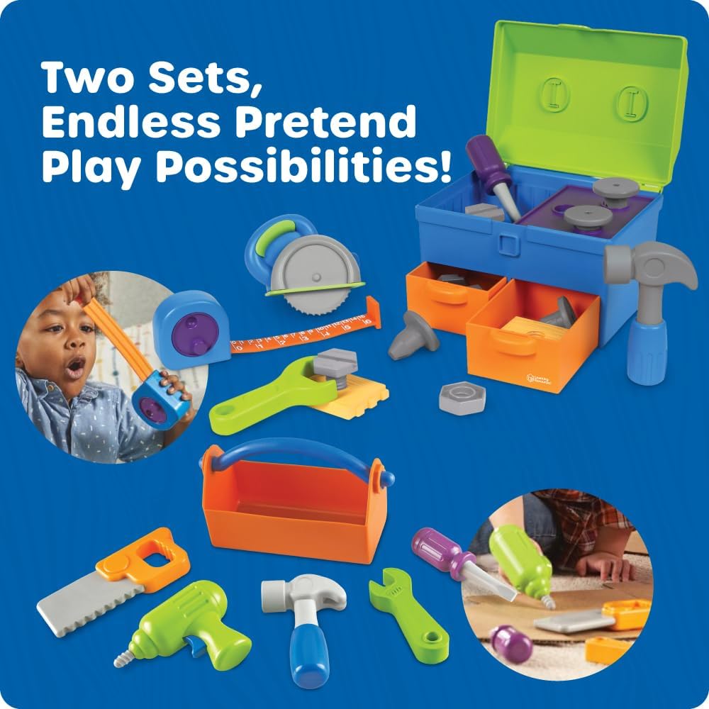 Learning Resources New Sprouts All-in-One Toolbox - Kids Tool Set, Toddler Toys, Fine Motor Skills, Pretend and Play Construction Box, Montessori Drill and Screw Toys, Gifts for Boys and Girls