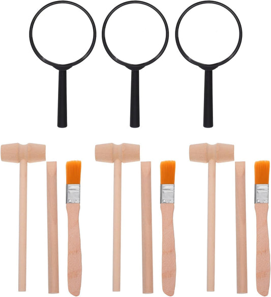 Kisangel 3 Sets Excavation Digging Tools, Dinosaur Eggs Dig Kit, Kid Hammer Chisel Brush Magnifier Toys for Science Educational Gem Archaeological Tool