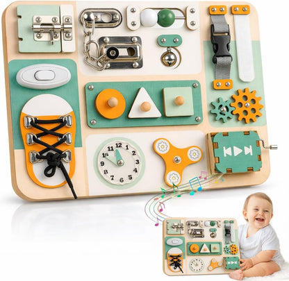 Montessori Busy Board for Baby & Toddlers 1-3 - Wooden Sensory Activity Board with 13 Activities, Real Metal Locks & Latches - Fine Motor Skills Educational Toy for 1 2 3 Year Old - Travel Friendly