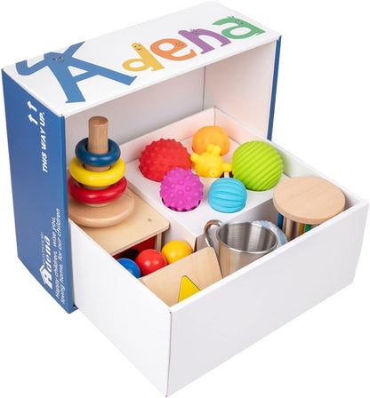 Adena Montessori Play Kit for 3-4 Months Baby,8 in 1 Wooden Learning Educational Toys for Toddler,Include Framed Mirror Book,High-Contrast Cards and More,Christmas Birthday Gift for Boys Girls