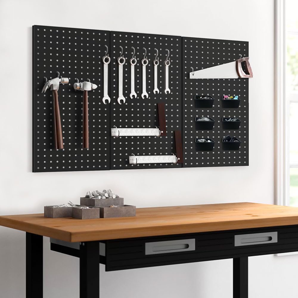 16pcs Pegboard sets, Plastic White Peg board Wall Organizer Kits,4pcs Peg Board and 12 Accessories Modular Hanging, Wall Mount Display Pegboard Panel Sets for Home Office Garage Kitchen Workshop