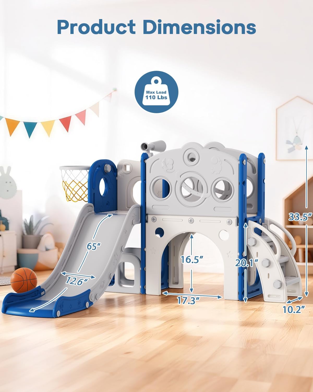 Babytronic Toddler Slide, 8 in 1 Kids Slide with Basketball Hoop, Telescope and Climber, Baby Slide Toddler Playground, Indoor Outdoor Playset for Toddlers Age 1-3, Kids Indoor Playground (White&Gray)