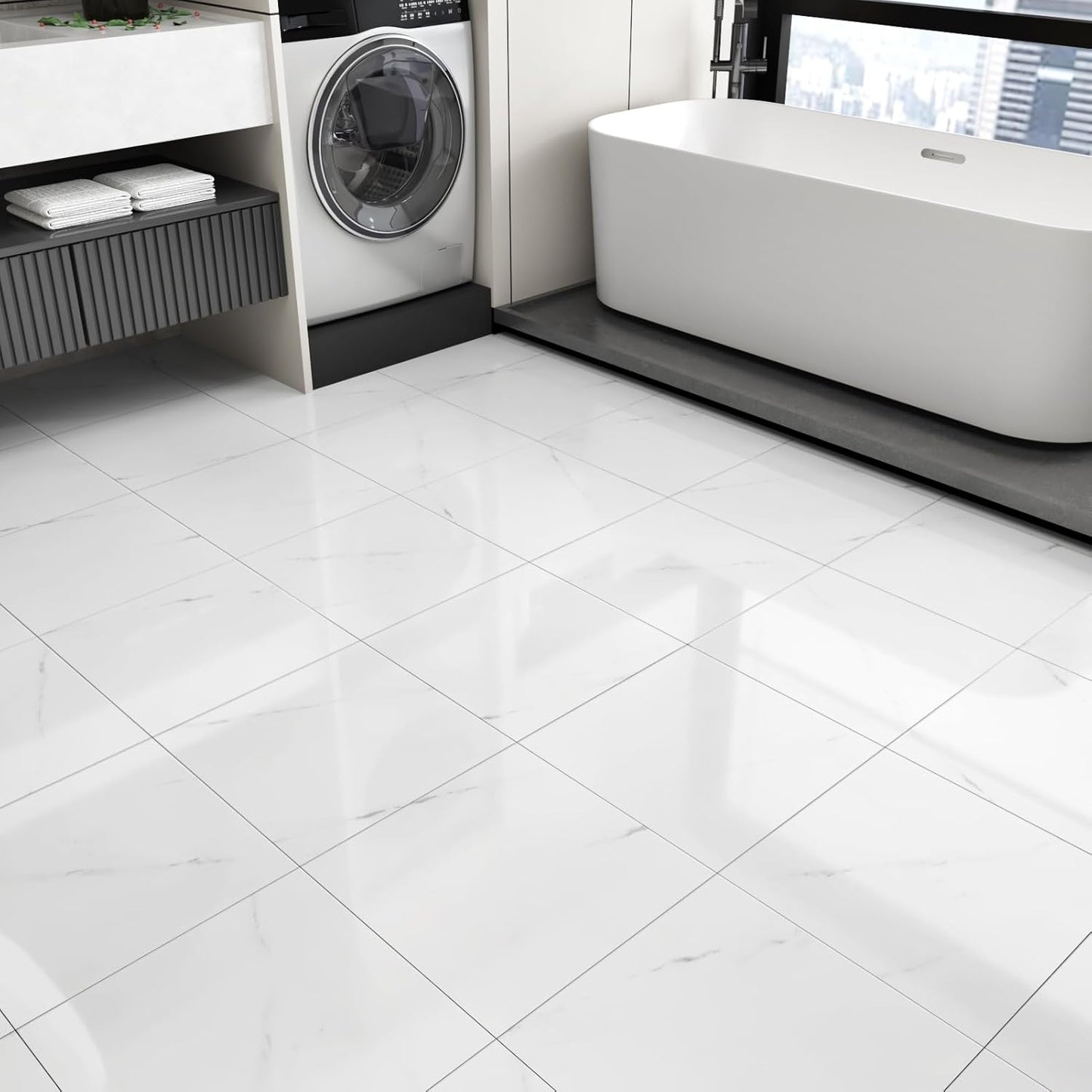 Wallercity White Marble Peel and Stick Vinyl Floor Tiles 6-Pack 12x12 Inches Self Adhesive Waterproof Flooring Planks for Bathroom Kitchen Bedrooms Stick on Floor Tiles Laminate Sheets Vinyl Flooring