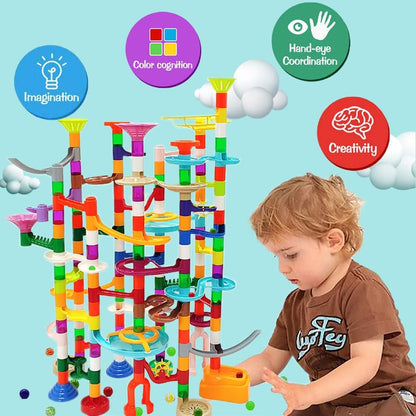 DSHMIXIA Marble Run Marble Maze Race Track with Glowing Marbles for Kids Ages 3-4-8-10 Sturdy Building Toys Kids Games Amazing Fun Gifts (Super)