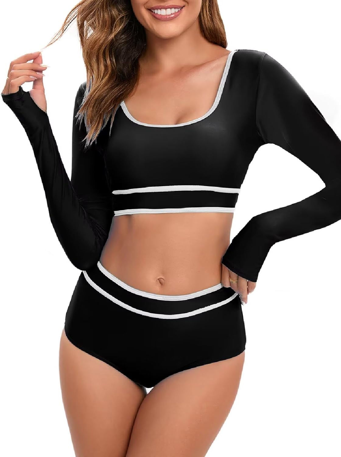 JadeRich Women's Fashion Pattern Long Sleeve Tankini Sets UPF 50+ Rash Guard Swimsuit Sun Block Swimwear