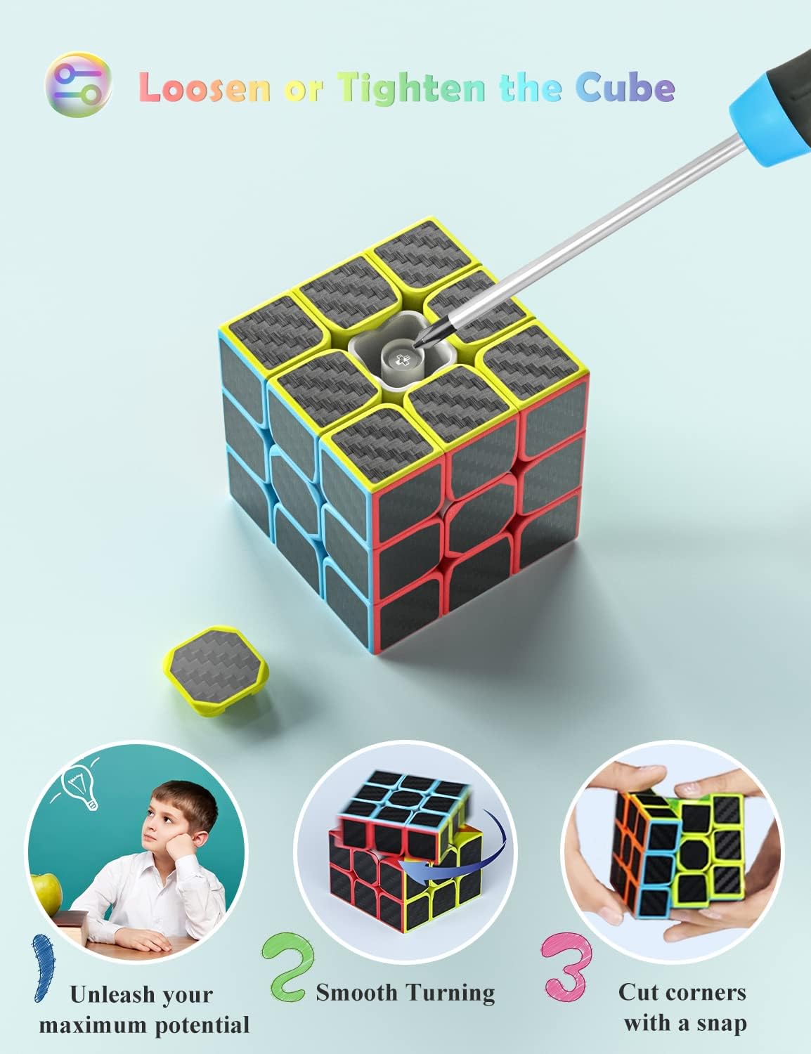Roxenda Speed Cube Set, Speed Cube Pack of 2x2 3x3 4x4 5x5 Megaminx Skew Cube and Pyramid Cube Carbon Fiber Sticker Smoothly Magic Cubes Collection for Kids Teens & Adults [7 Pack]