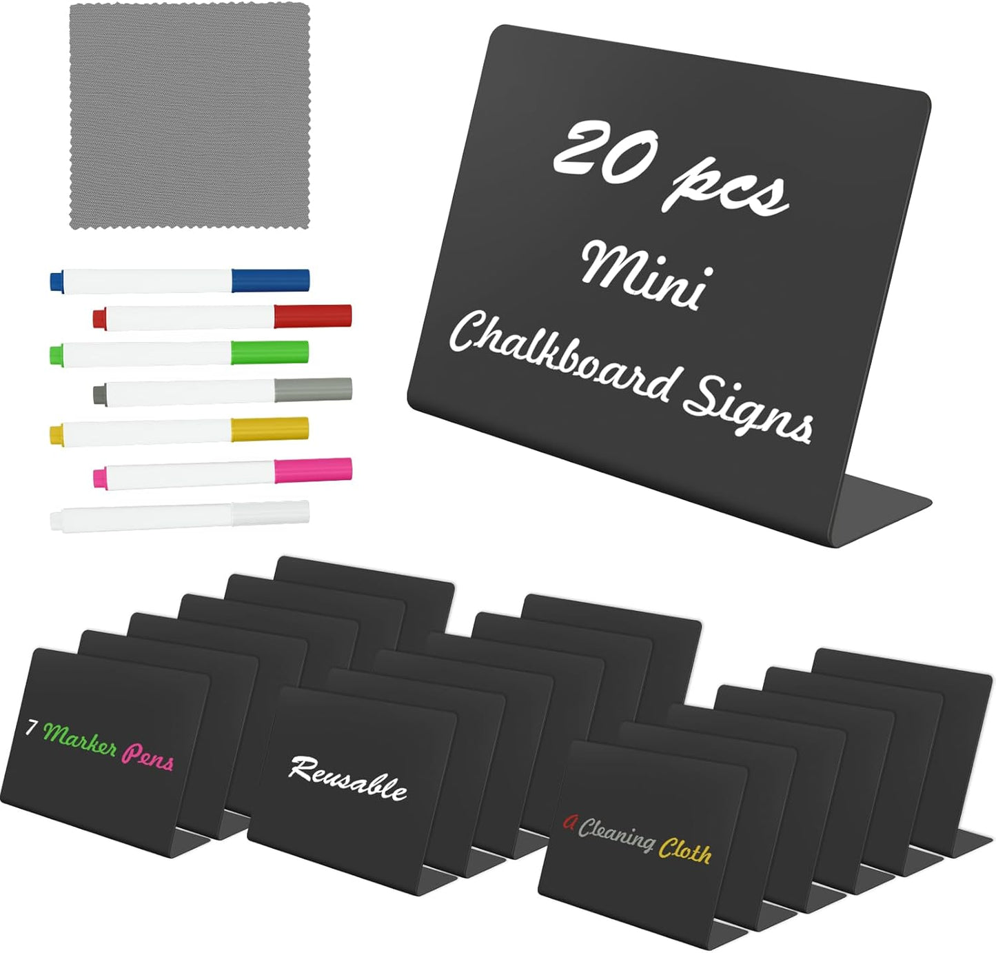 20 Pack 4"x3" V-Shaped Mini Chalkboard Signs, Self-Standing Tabletop Food Labels for Wedding, Bakery, Buffet, Easy to Write & Wipe Off, Includes 7 Color Chalk Markers, Cleaning Cloth