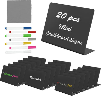 20 Pack 4"x3" V-Shaped Mini Chalkboard Signs, Self-Standing Tabletop Food Labels for Wedding, Bakery, Buffet, Easy to Write & Wipe Off, Includes 7 Color Chalk Markers, Cleaning Cloth