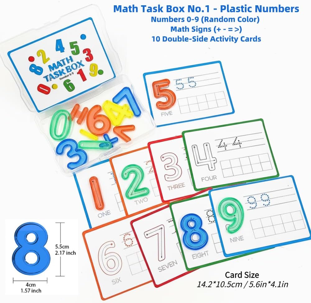 Math Task Boxes Set of 5 Math Manipulatives Themes 230+ Pieces of Number Rods, Base Ten Blocks, Ten Frame Disc Counters, Place Value Blocks, 0-9 Numbers, 3D Shapes, Counting Blocks Activity Cards