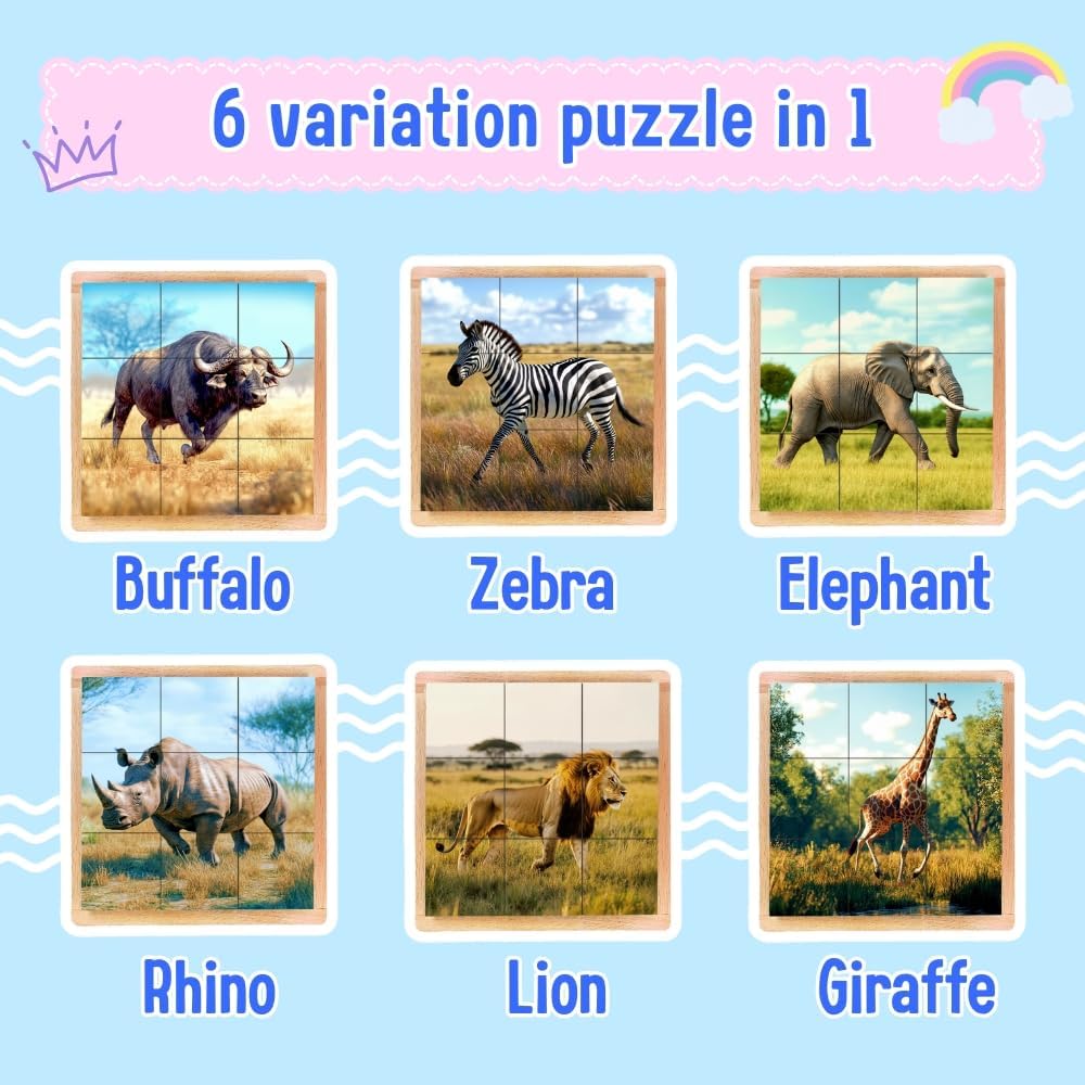 6-in-1 Wooden Animal Puzzle – Montessori Cube Toy for Kids – Realistic Farm Animals Educational Wood Blocks for Toddlers Ages 3–6
