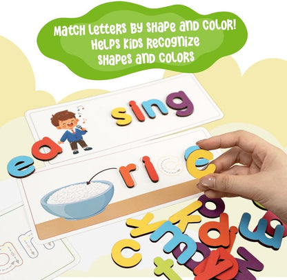 CVC Flashcards, Reusable Write & Match Spelling Game for Kids 3-6, Laminated Alphabet Cards with Wooden Letters & Dry Erase Marker, Montessori Learning Toy
