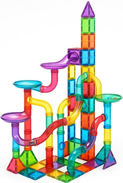 Magnetic Building Tiles Marble Run Set, 115 Pieces STEAM Construction Blocks with Marble Run Track, Educational STEM Toy for Kids Ages 3+, Rainbow Colors