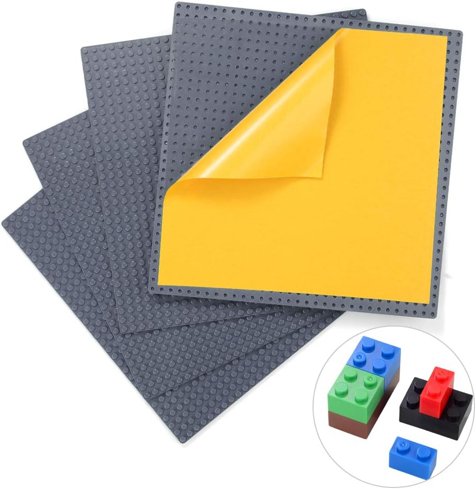 MIMAX Peel-and-Stick Baseplates - Self Adhesive Building Brick Plates - Compatible with All Major Brands - 4 Pack - 10 inch x 10 inch (Dark Gray)