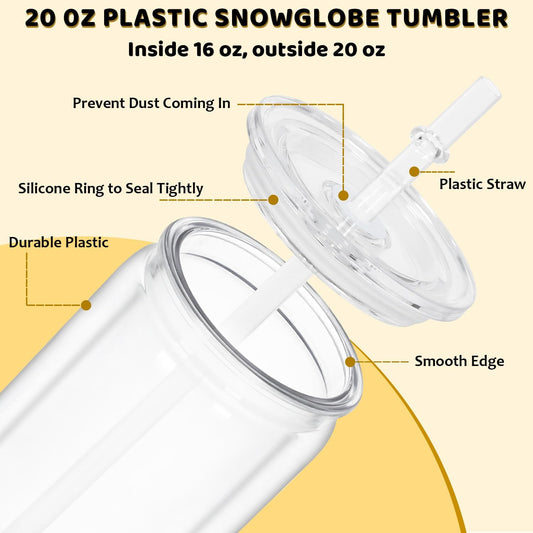 20 Oz Plastic Snowglobe Tumbler, 4 Pack Pre-Drilled Double Wall Acrylic Snow Globe Cup, Plastic Clear Cup for Snowglobe, with Clear Lid
