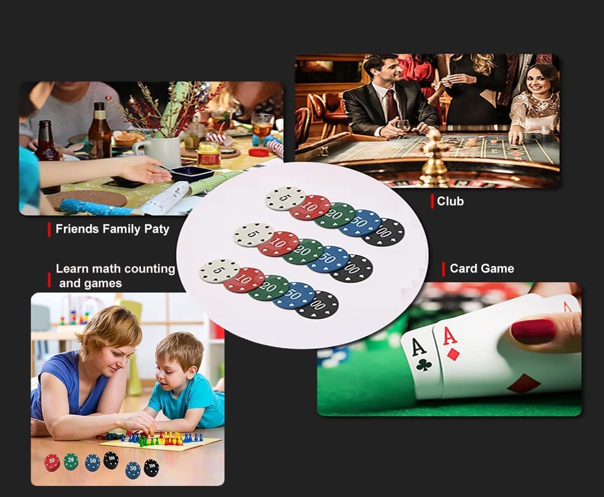 IXIGER Poker Chips Set(200pcs),Poker Chips with Denominations,Plastic Learning Counters Disks and Learning Math Counting Chips, 2PCS Counter chip Holder Game Night Party Supplies