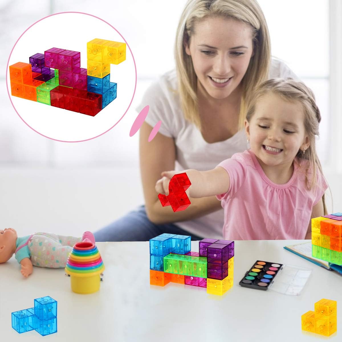 Magic 3D Puzzle Cubes, Set of 7 Multi Shapes Magnetic Blocks with 54 Guide Cards, Intelligence Developing and Stress Relief Fidget Toys