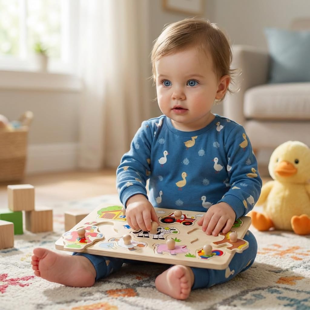 GOKI Wooden Puzzles for Toddlers 1-3 Farm Animal Peg Puzzle with Jumbo Knobs Ages 1+ Educational Montessori Toys for Shape Recognition & Fine Motor Skills - 9 Pieces-Designed with Love in Germany