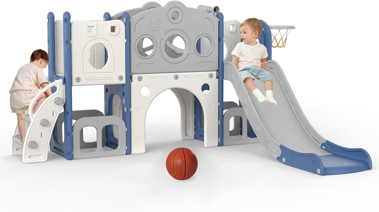 kinbor 6 in 1 Toddler Slide PlaySet - Indoor Outdoor Fun for Kids Ages 1-3, Includes Basketball Hoop, Telescope, Storage & Climber, Safe, Sturdy Baby Slide for Backyard Playground, Blue