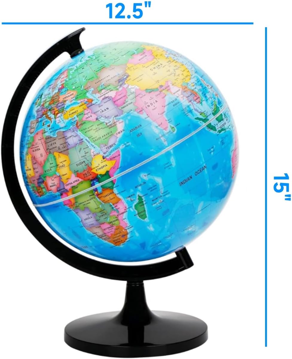 World Globe for Kids & Adults, 12 Inch Educational Tools with Stand, DIY Assembly Desk Decor Geography Learning Globe for Home Office Classroom Decor (Blue, 12 Inch)