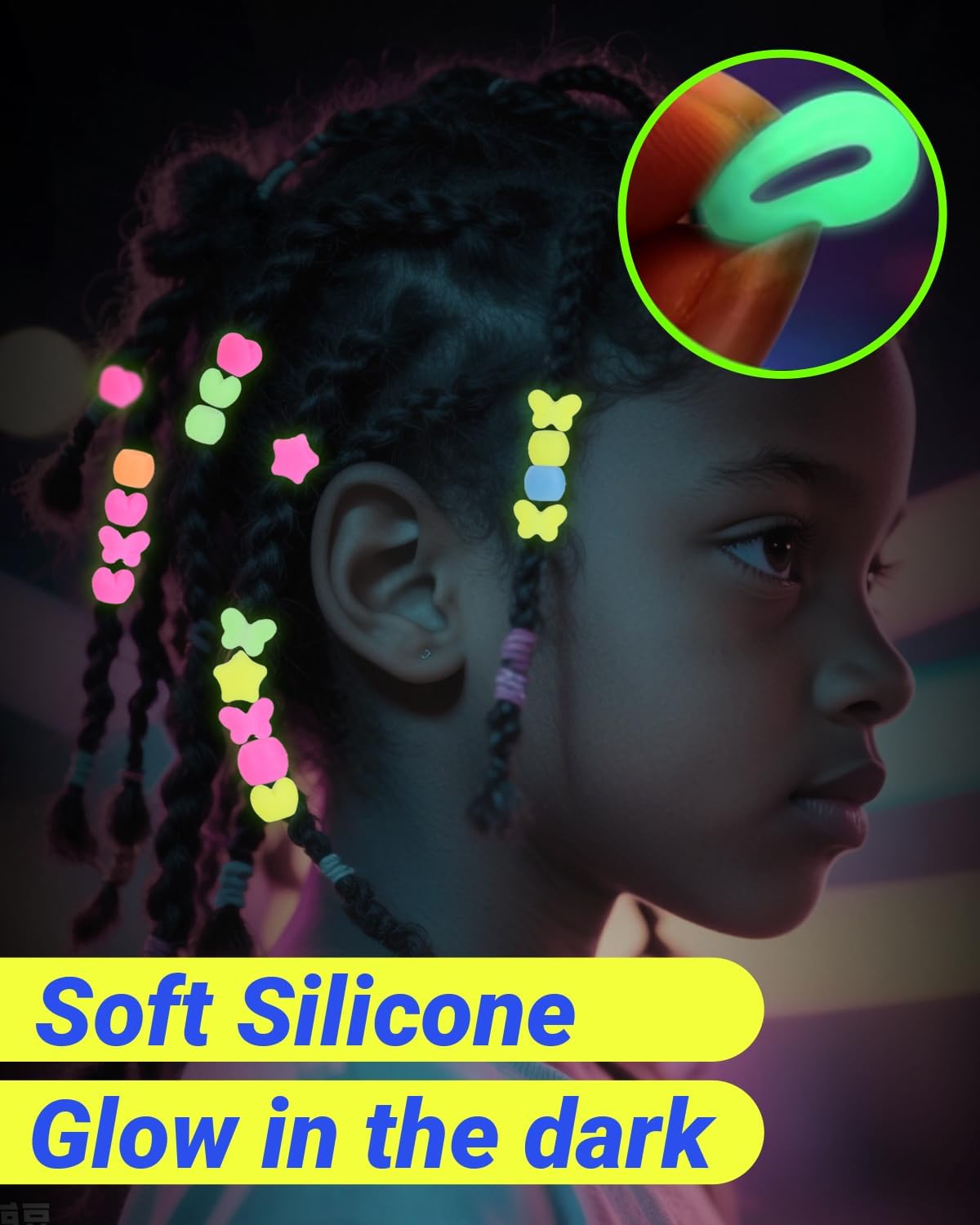 60Pcs Silicone Hair Beads for Kids Girls,5mm Colorful Soft Silicone Beads for Girls Braids Glow in The Dark Head Accessories Ties