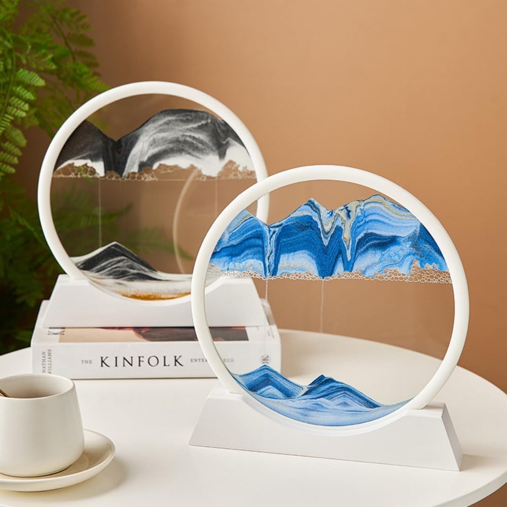 Arthink Moving Sand Art Picture in Motion Round Glass 3D Deep Sea Landscape, Dynamic Sand Art Sandscapes, Sensory Relaxing Desktop