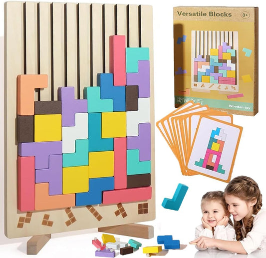 Wooden Stacking Puzzle Toy, 42 Pcs 3D Montessori Russian Blocks Puzzles for Toddlers 3+ Years Old, Brain Teaser Educational Travel Game for Kids, Logic Intelligence Development Gift
