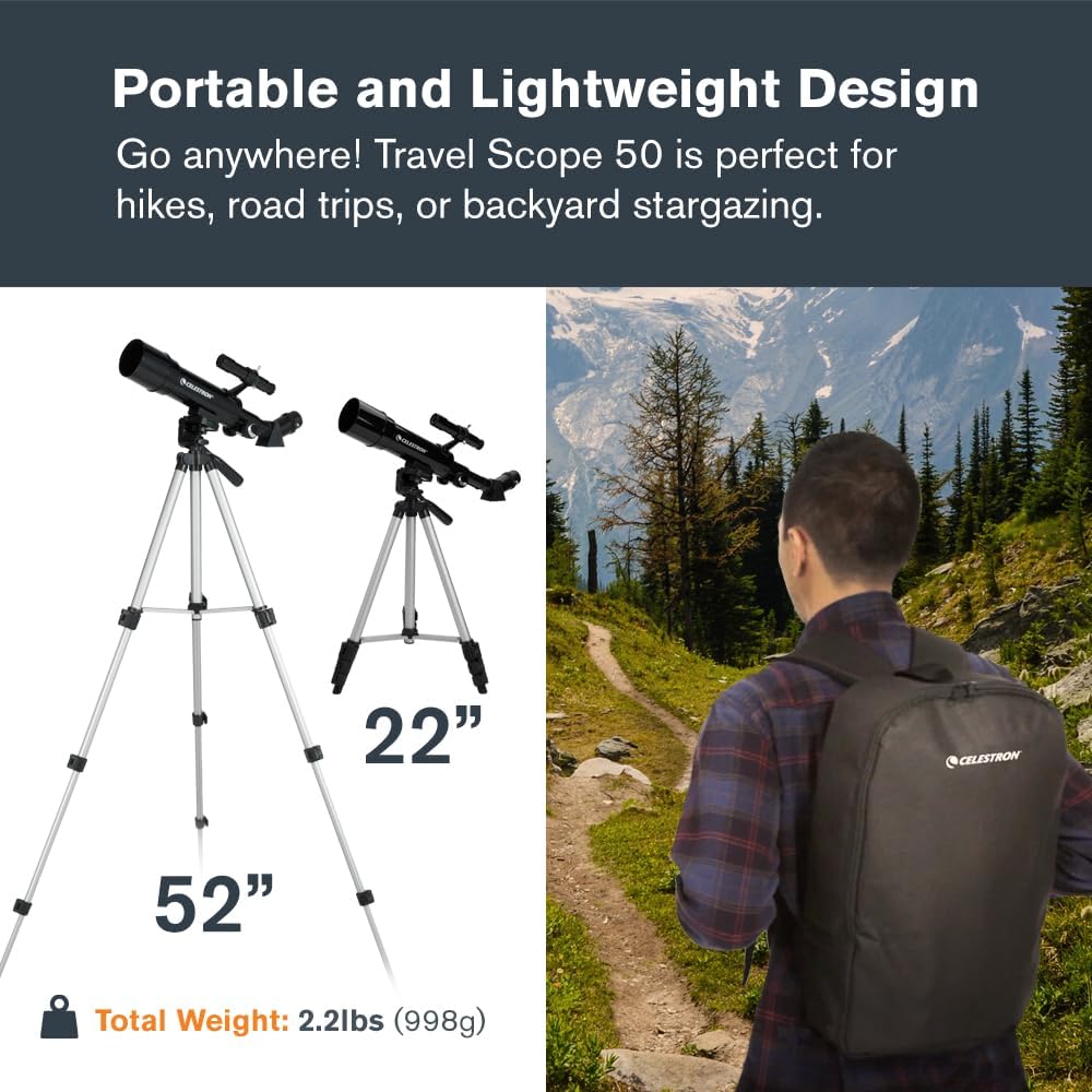 Celestron Travel Scope 70 Portable Refractor Telescope – 70mm Aperture, Fully-Coated Glass Optics – Includes Tripod, Backpack & Software – Ideal for Beginners & Travel