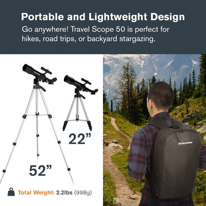 Celestron Travel Scope 70 Portable Refractor Telescope – 70mm Aperture, Fully-Coated Glass Optics – Includes Tripod, Backpack & Software – Ideal for Beginners & Travel