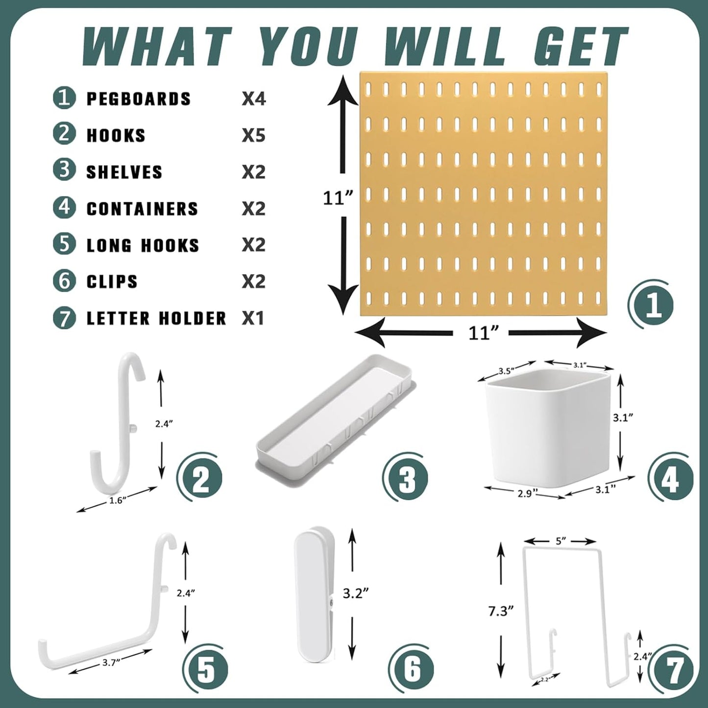 MULSAME Pegboard Combination Kit, Wall Mounted Storage Set with 4 Pegboards & 14 Accessories Hanging, White Peg Boards Organizer for Walls Display, Crafts Organization, Kitchen Organizer, 22" x 22"