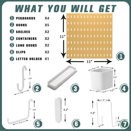 MULSAME Pegboard Combination Kit, Wall Mounted Storage Set with 4 Pegboards & 14 Accessories Hanging, White Peg Boards Organizer for Walls Display, Crafts Organization, Kitchen Organizer, 22" x 22"