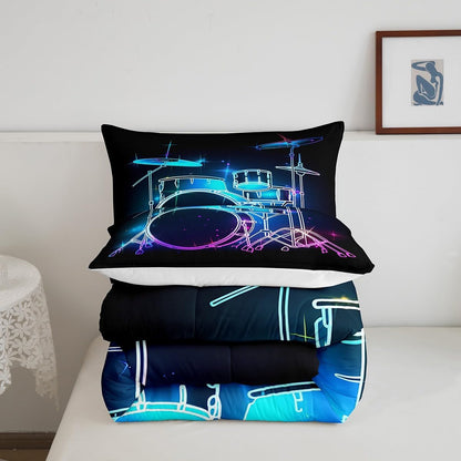 Castle Fairy Drum Kit Comforter Set,Musical Instruments Bedding Set for Kids Girls Women,Adults Rock Music Comforter,Neon Lighting Quilted Duvet Set Bedroom Collection Twin Size 2Pcs