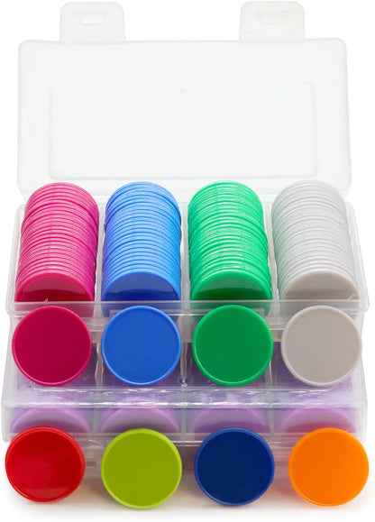 Set of 100 Opaque Plastic Learning Counters Mini Poker Chips Game Tokens with Storage Box (Black+White+Blue+Purple, 1 Inch)