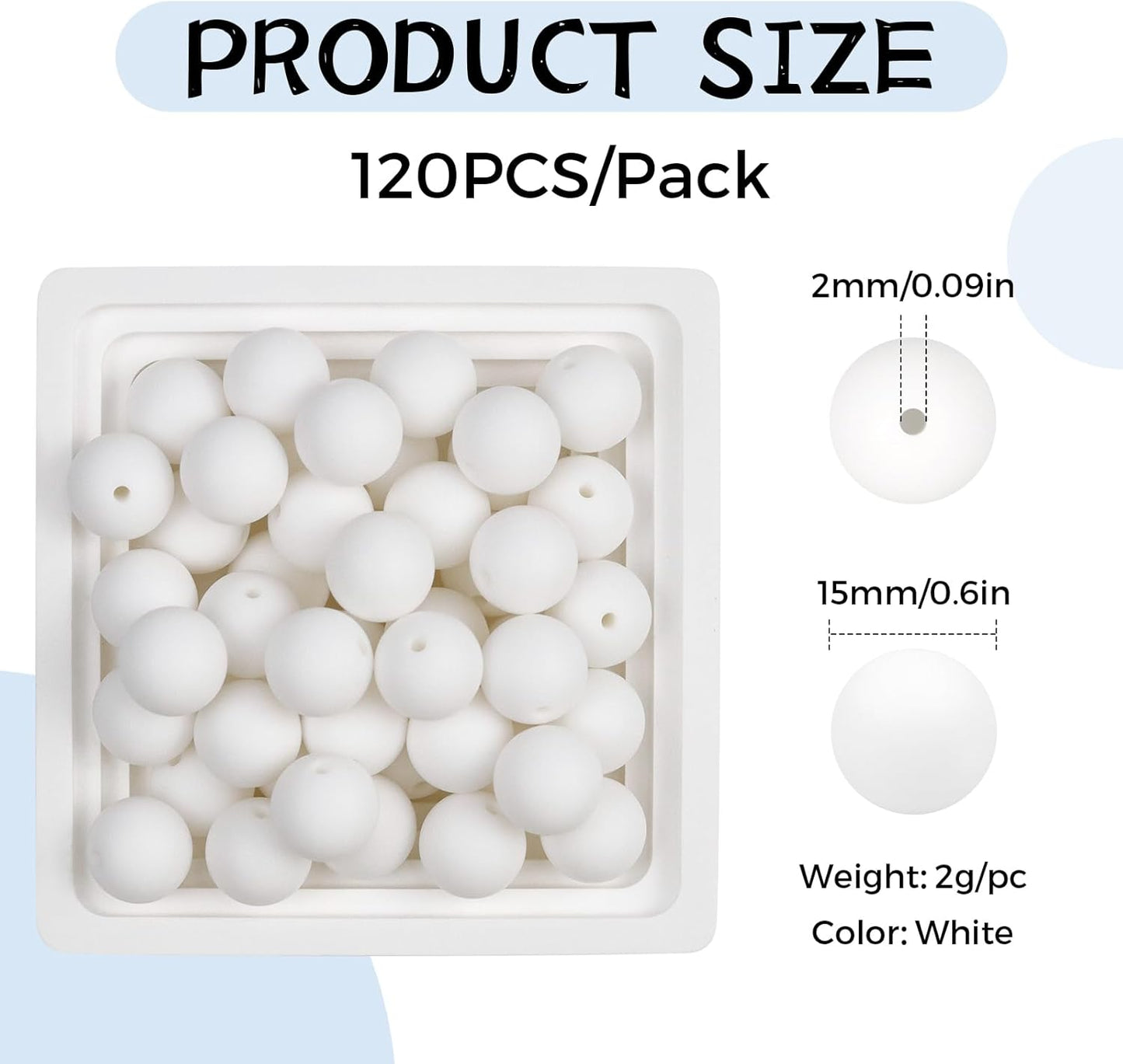 120PCS FIVEIZERO Silicone Beads for Keychain Making, 15mm Glacier Gray Round Silicone Rubber Focal Beads Bulk for DIY Crafts, Bracelets, Necklaces, and Pens