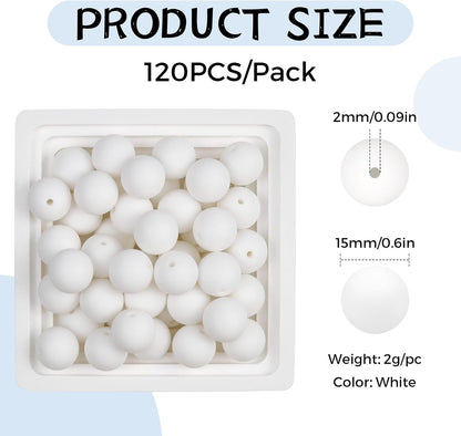 120PCS FIVEIZERO Silicone Beads for Keychain Making, 15mm Glacier Gray Round Silicone Rubber Focal Beads Bulk for DIY Crafts, Bracelets, Necklaces, and Pens