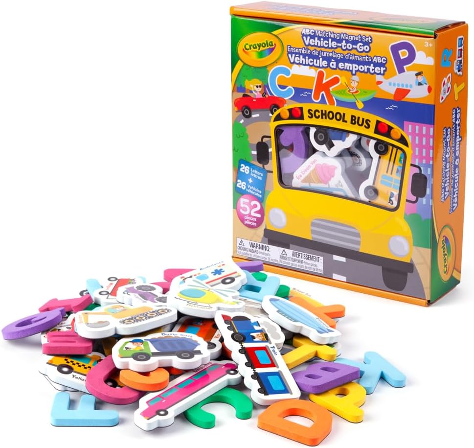Crayola: ABC Matching Magnet Set – Vehicle-to-Go - 52pc Alphabet & Image Foam Magnets, Classroom & Home Education, Spelling-Learning, Toddler Kids 3+