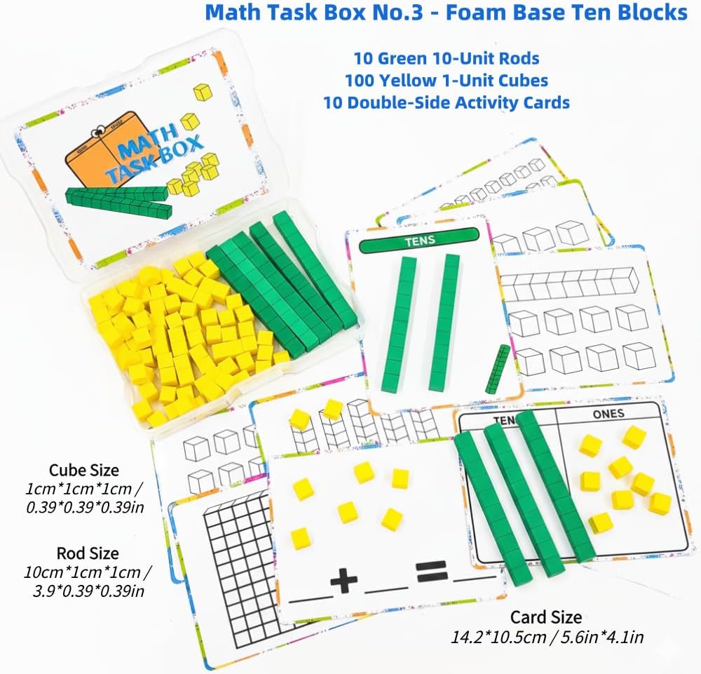 Math Task Boxes Set of 5 Math Manipulatives Themes 230+ Pieces of Number Rods, Base Ten Blocks, Ten Frame Disc Counters, Place Value Blocks, 0-9 Numbers, 3D Shapes, Counting Blocks Activity Cards