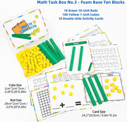 Math Task Boxes Set of 5 Math Manipulatives Themes 230+ Pieces of Number Rods, Base Ten Blocks, Ten Frame Disc Counters, Place Value Blocks, 0-9 Numbers, 3D Shapes, Counting Blocks Activity Cards