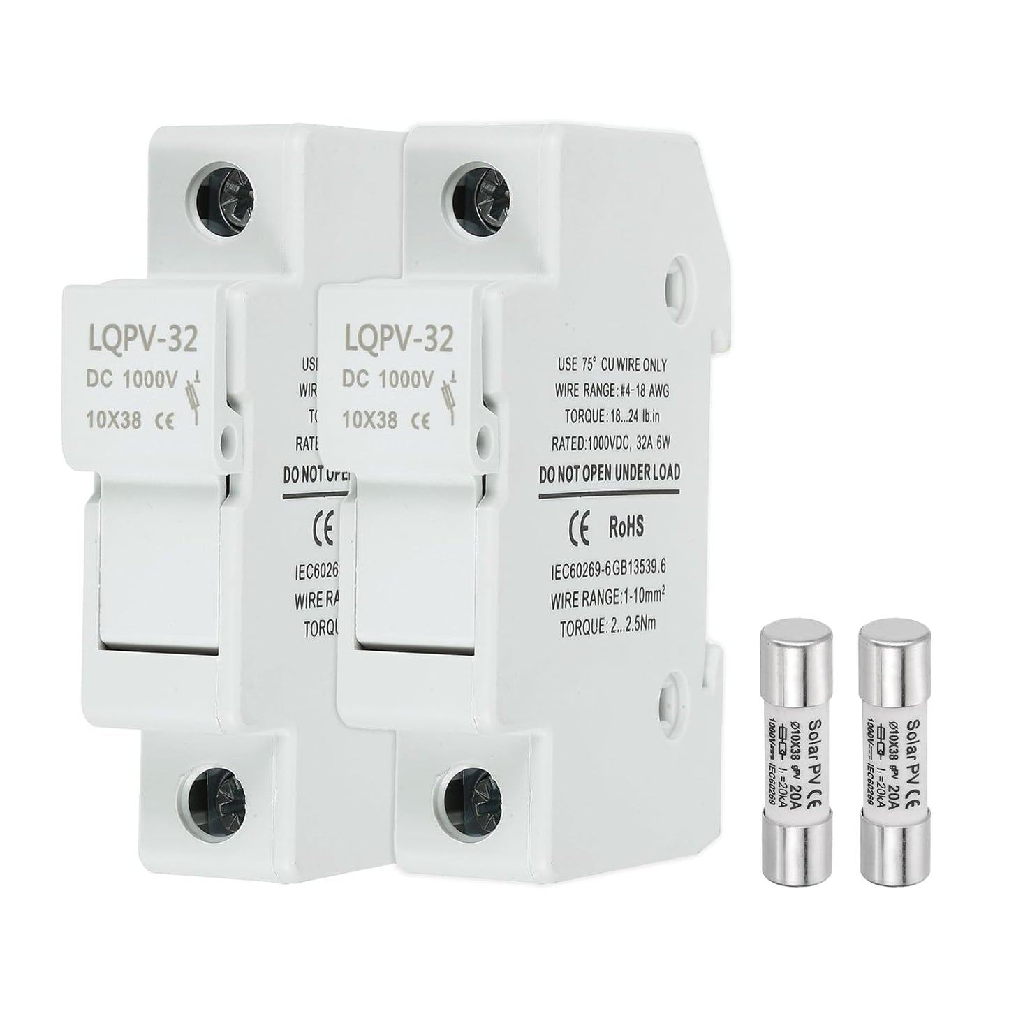 MECCANIXITY Din Rail Fuse Holder with 1 Core Block,10x38mm DC 1000V 20A Single Pole Solar/Photovoltaic Fuse Holder 4-18AWG for Solar PV Systems Battery Protect,Pack of 2