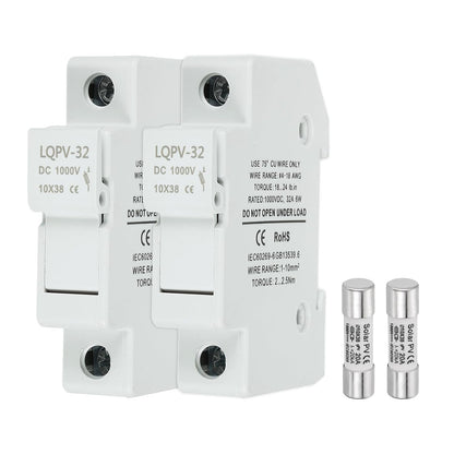 MECCANIXITY Din Rail Fuse Holder with 1 Core Block,10x38mm DC 1000V 20A Single Pole Solar/Photovoltaic Fuse Holder 4-18AWG for Solar PV Systems Battery Protect,Pack of 2