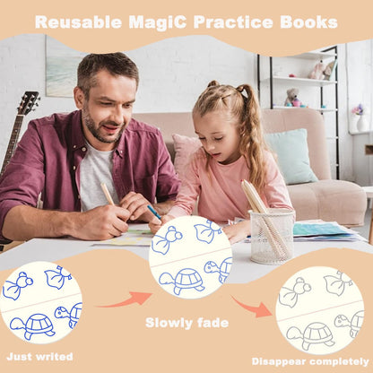 4 Pcs Reusable Grooved Handwriting Practice Books, Magic Practice Copybook with Disappearing Ink Pens Pencil Grips, Handwriting Workbook Letter Tracing Books for Kindergarten Preschool Kids Age 3-8