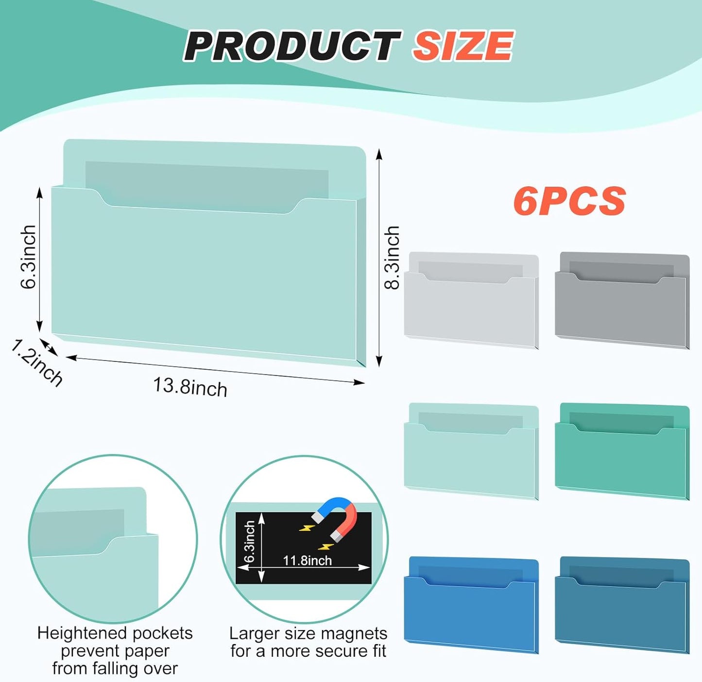 Fuutreo 6 Pcs Magnetic Wall File Organizer Magnetic Wall File Holder Refrigerator Magazine Holder for Mail Letters Paper(Aqua Green,Vertical-large)