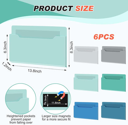 Fuutreo 6 Pcs Magnetic Wall File Organizer Magnetic Wall File Holder Refrigerator Magazine Holder for Mail Letters Paper(Aqua Green,Vertical-large)
